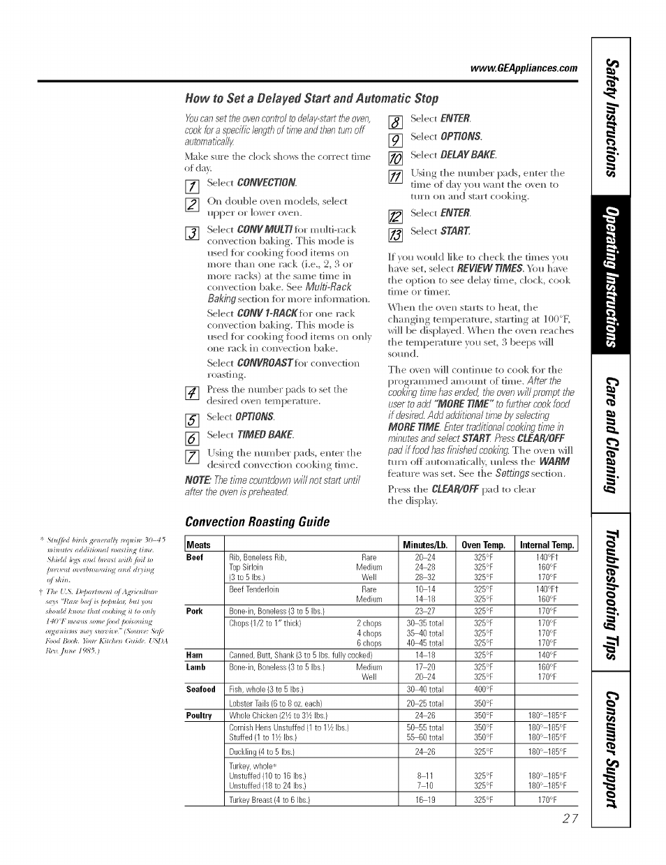 Convection roasting guide | GE JT930 User Manual | Page 27 / 48