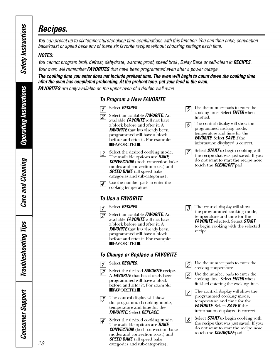 Recipes, To program a new favorite, To use a favorite | To change or replace a favorite | GE JT930 User Manual | Page 28 / 48