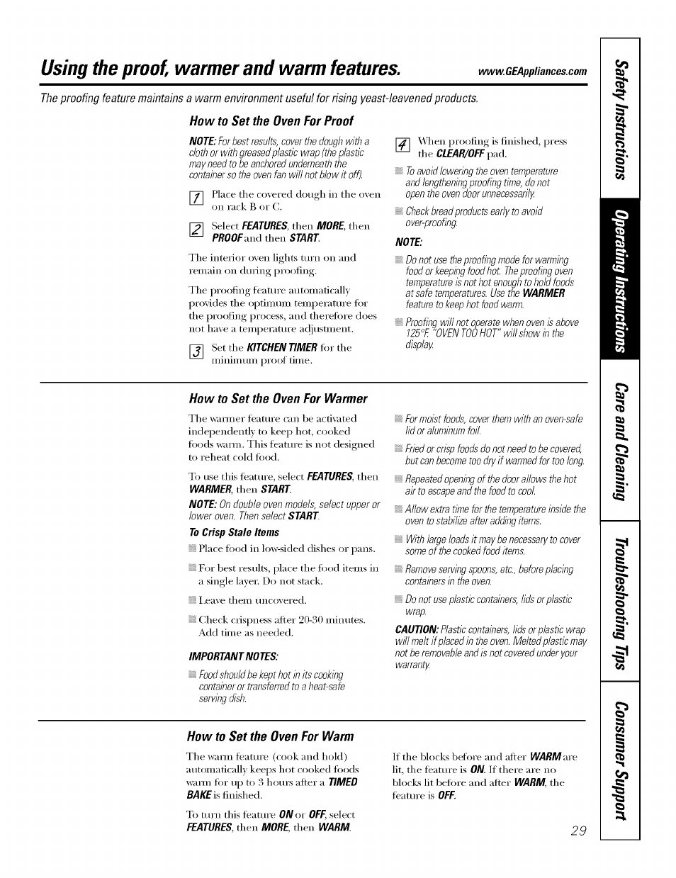How to set the oven for proof, Note, How to set the oven for warmer | Important notes, How to set the oven for warm, Using the proof, warmer and warm features | GE JT930 User Manual | Page 29 / 48