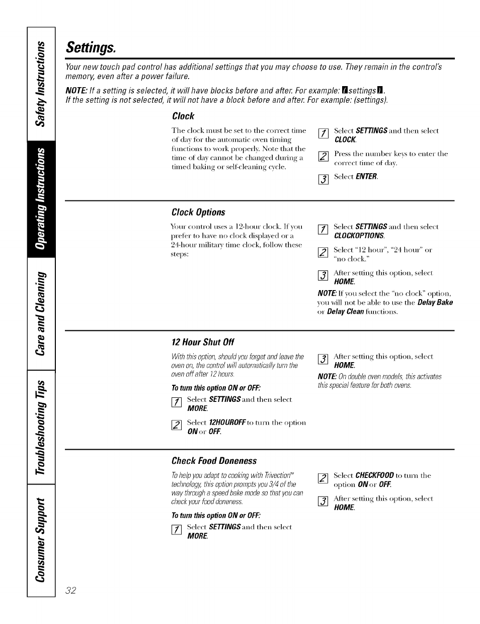 Settings, Clock, Clock options | Home, 12 hour shut off, Check food doneness | GE JT930 User Manual | Page 32 / 48