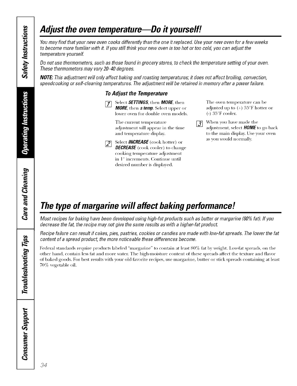 Adjust the oven temperature—do it yourself, To adjust the temperature, Adjusting temperature | GE JT930 User Manual | Page 34 / 48