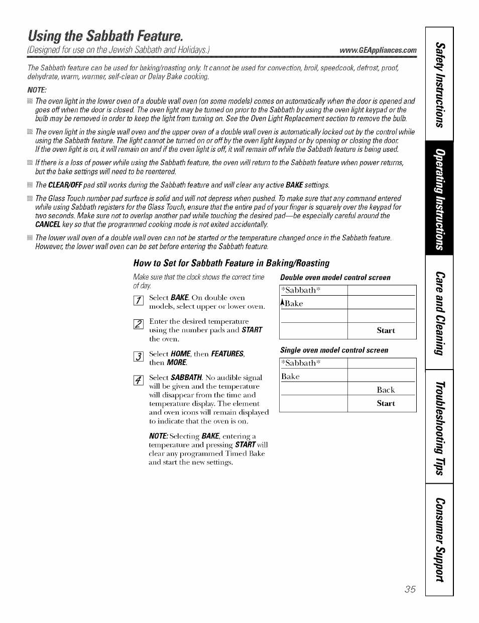 How to set for sabbath feature in baking/roasting, Using the sabbath feature | GE JT930 User Manual | Page 35 / 48