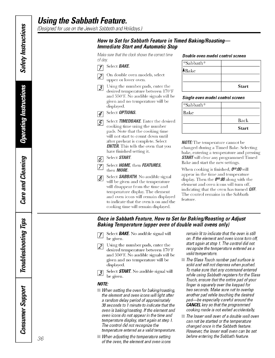 Note, Using the sabbath feature | GE JT930 User Manual | Page 36 / 48