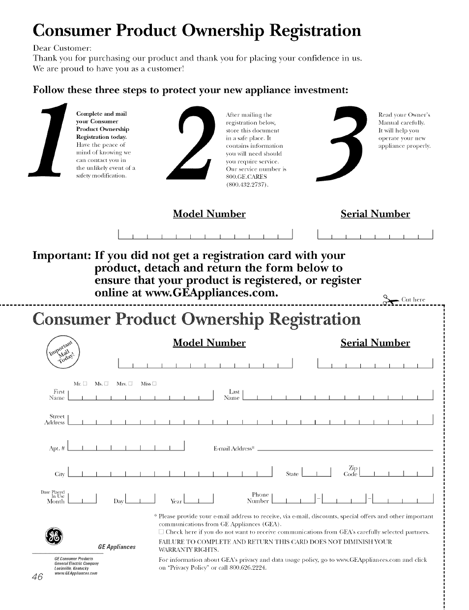 Model number, Serial number, Consumer product ownership registration | Model number serial number, Zip i | GE JT930 User Manual | Page 46 / 48
