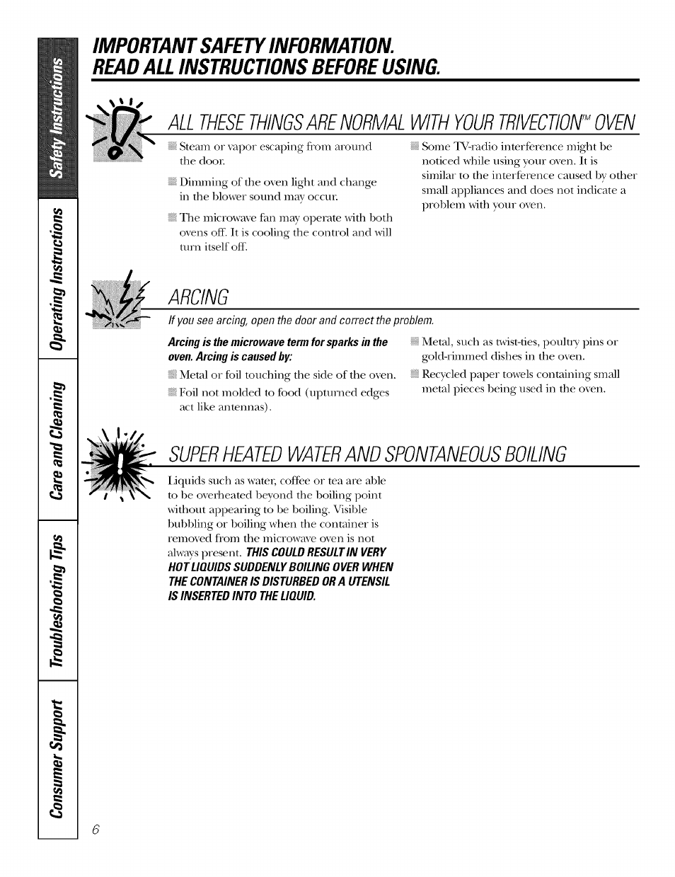 Arcing, Super heated water and spontaneous boiling | GE JT930 User Manual | Page 6 / 48