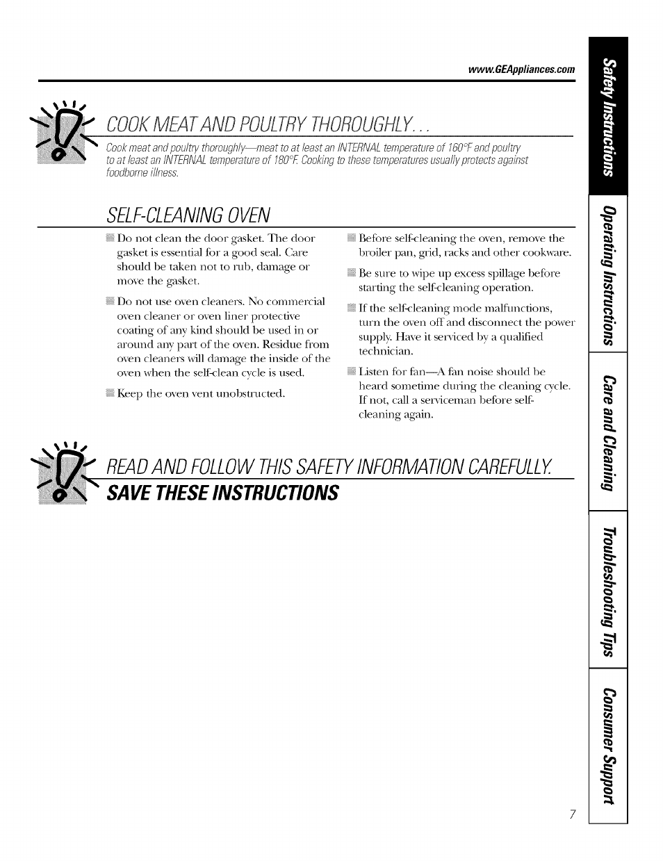 Cook meat and poultry thoroughly, Selfmaning oven, Read and follow this safety information carefully | GE JT930 User Manual | Page 7 / 48