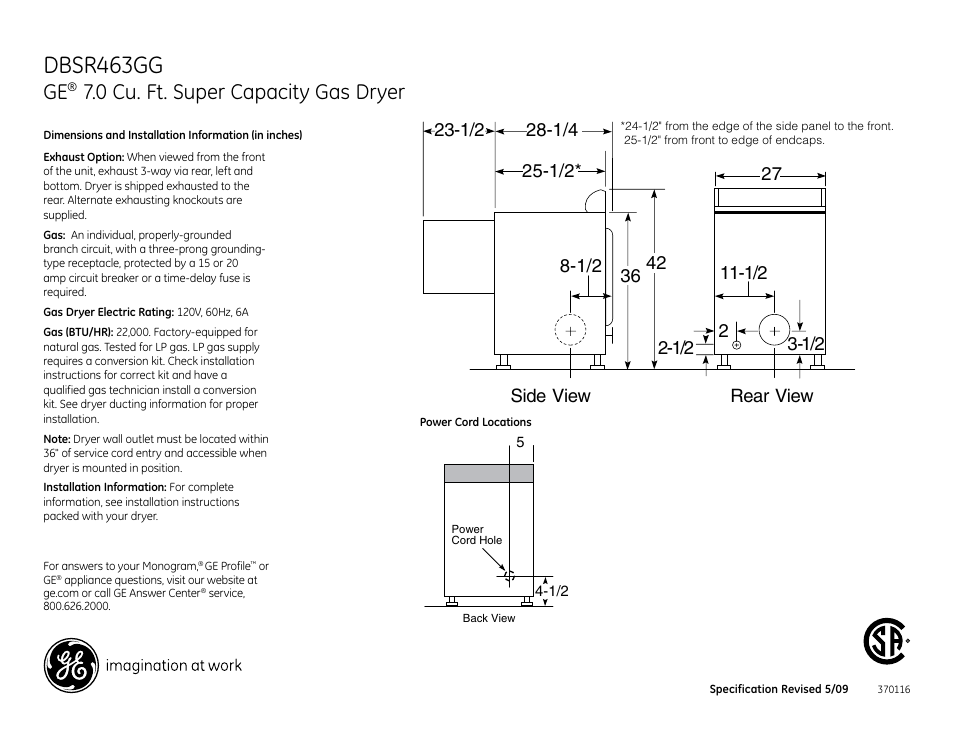 GE DBSR463GGWW User Manual | 3 pages