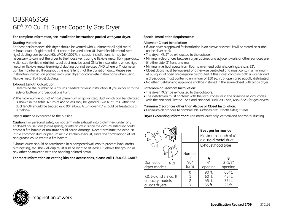 Dbsr463gg, 0 cu. ft. super capacity gas dryer | GE DBSR463GGWW User Manual | Page 2 / 3