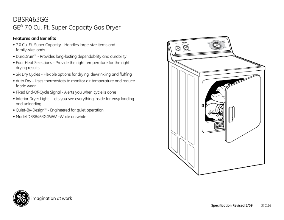 Dbsr463gg, 0 cu. ft. super capacity gas dryer | GE DBSR463GGWW User Manual | Page 3 / 3