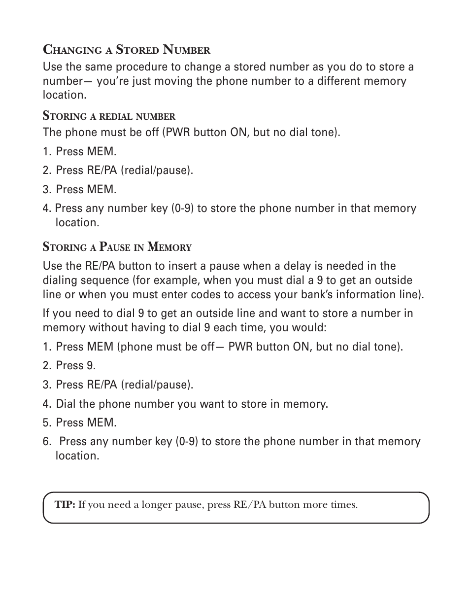 Changing a stored number, Storing a redial number, Storing a pause in memory | GE 2-9920 User Manual | Page 11 / 22
