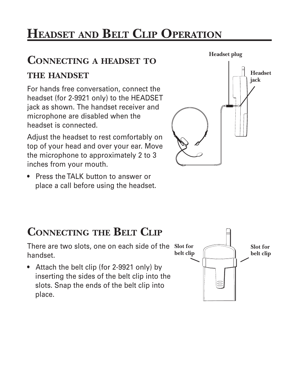 Headset and belt clip operation, Connecting headset to handset, Connecting the belt clip | GE 2-9920 User Manual | Page 13 / 22