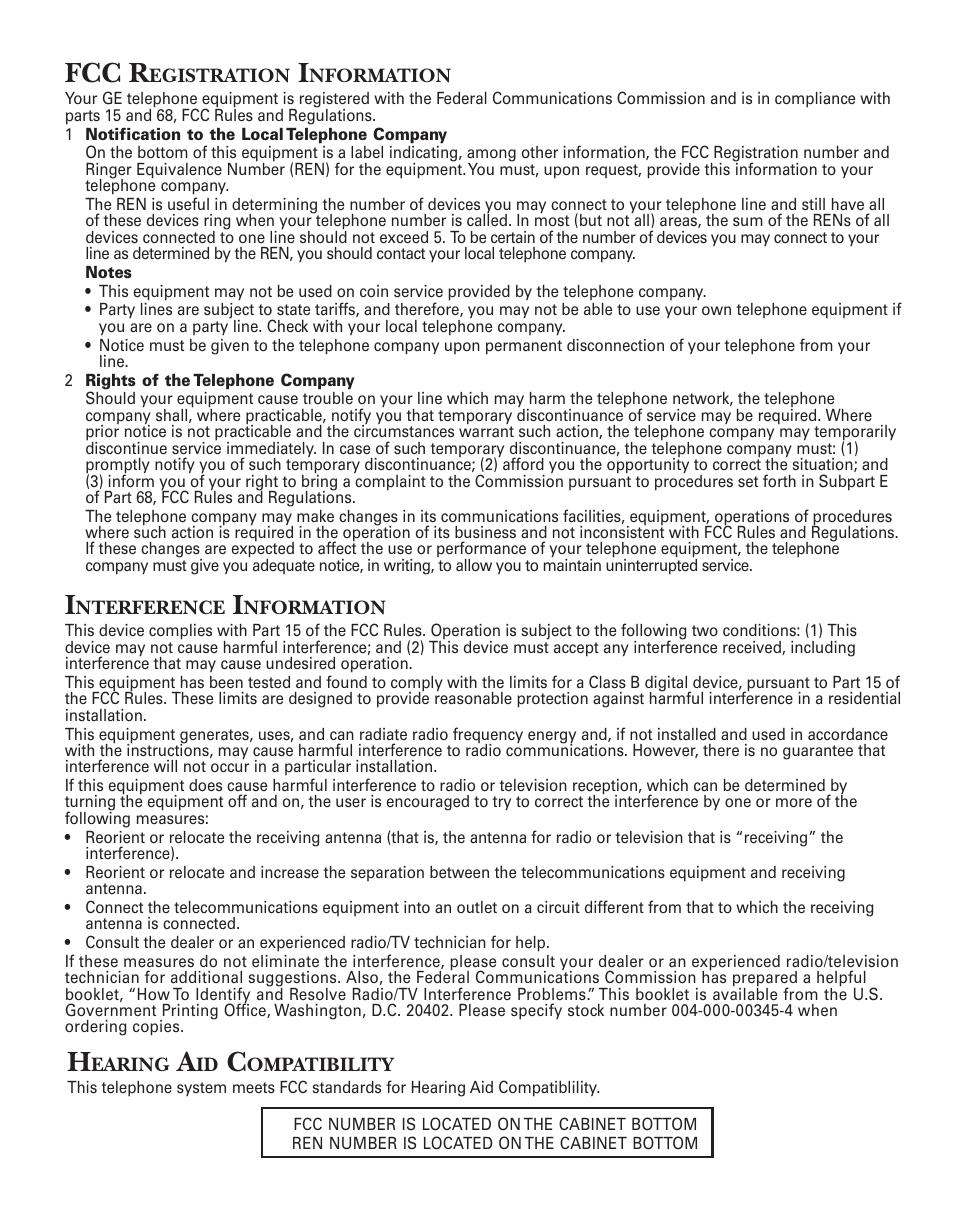 Fcc registration information, Interference information, Hearing aid compatibility | Fcc r | GE 2-9920 User Manual | Page 2 / 22