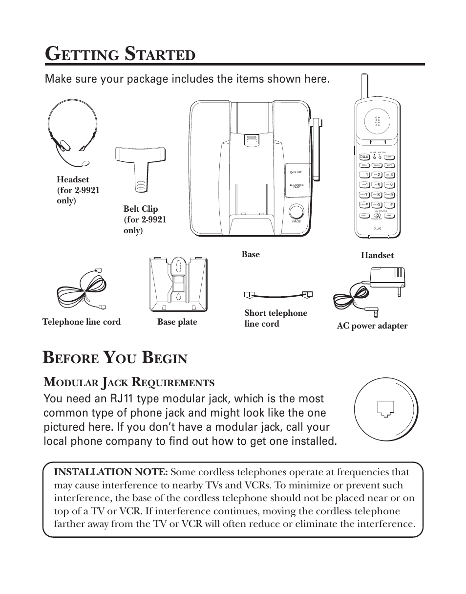 Getting started, Etting, Tarted | Efore, Egin, Odular, Equirements, Ac power adapter telephone line cord, Short telephone line cord handset base | GE 2-9920 User Manual | Page 4 / 22