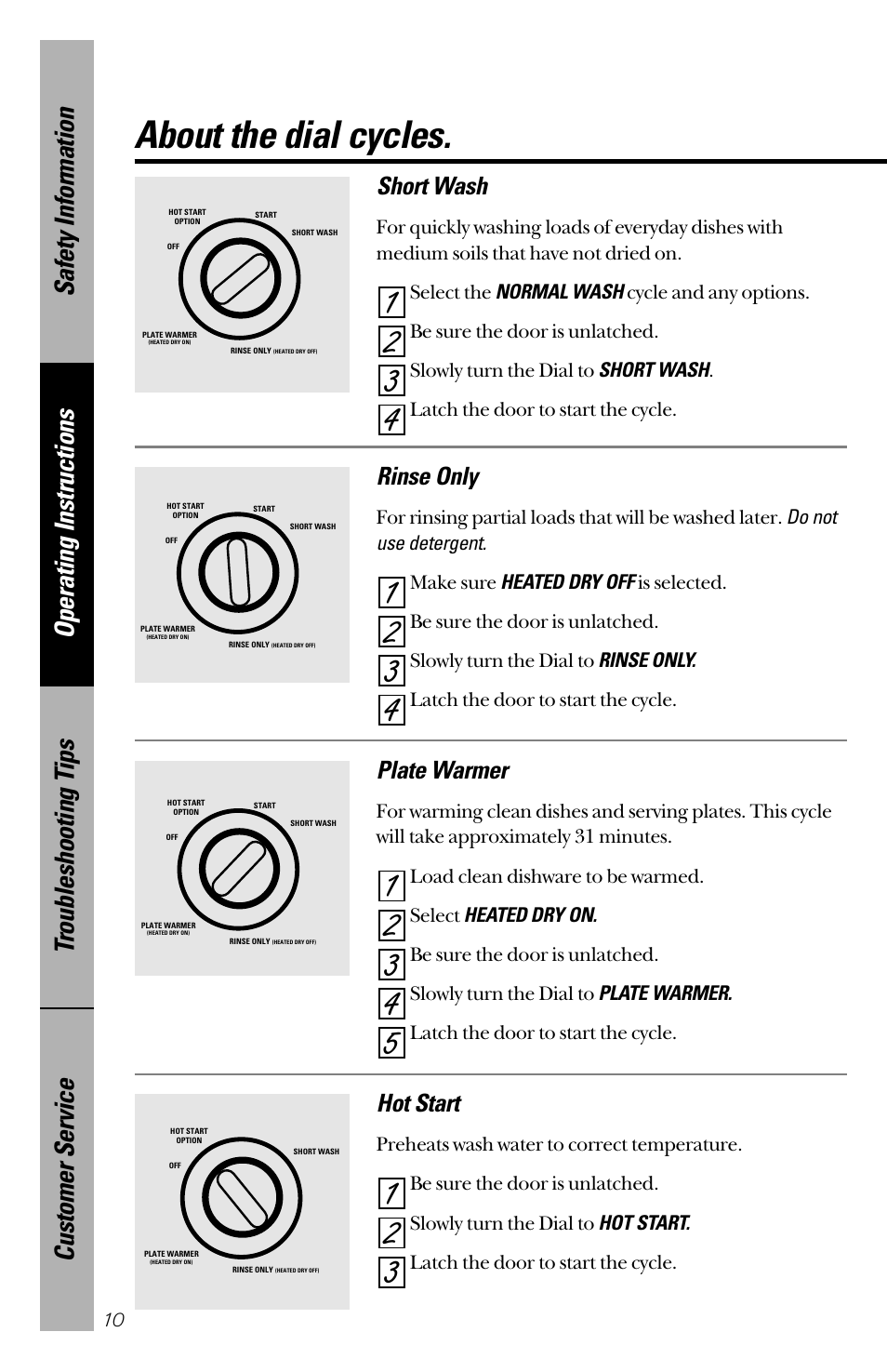 Dial cycles, Dial cycles , 11, About the dial cycles | Short wash, Rinse only, Plate warmer, Hot start | GE 165D4700P203 User Manual | Page 10 / 28