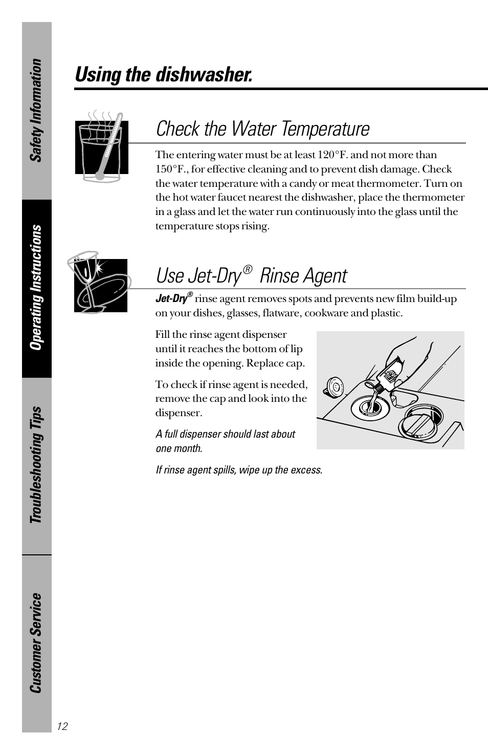 Using the dishwasher, Using the dishwasher , 13, Check the water temperature | Use jet-dry, Rinse agent | GE 165D4700P203 User Manual | Page 12 / 28