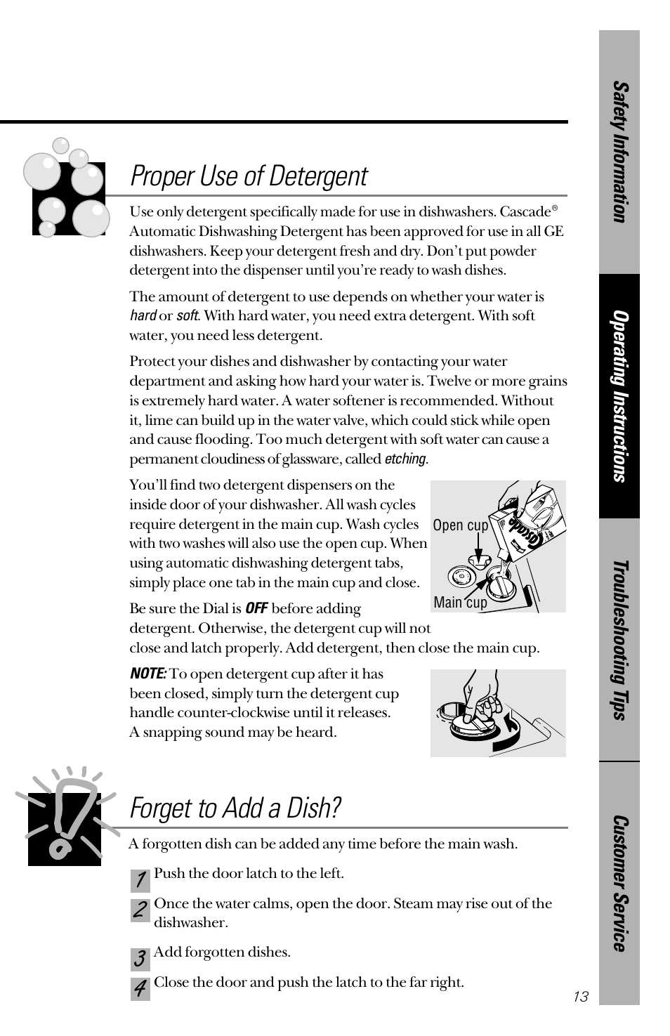 Forget to add a dish, Proper use of detergent | GE 165D4700P203 User Manual | Page 13 / 28