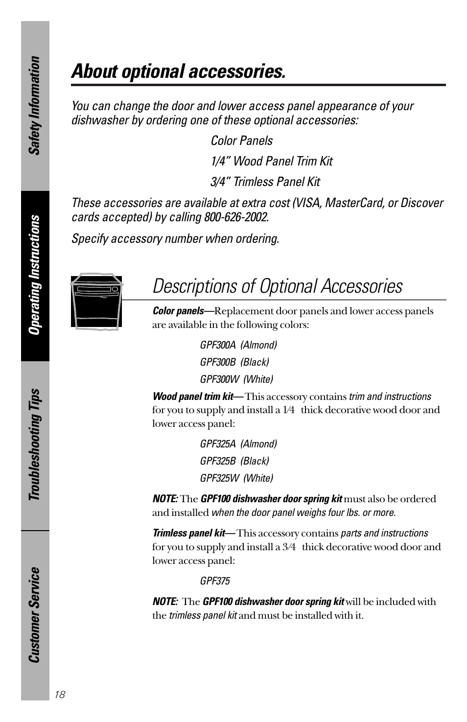 Optional accessories, About optional accessories, Descriptions of optional accessories | Color panels, 1/4” wood panel trim kit | GE 165D4700P203 User Manual | Page 18 / 28