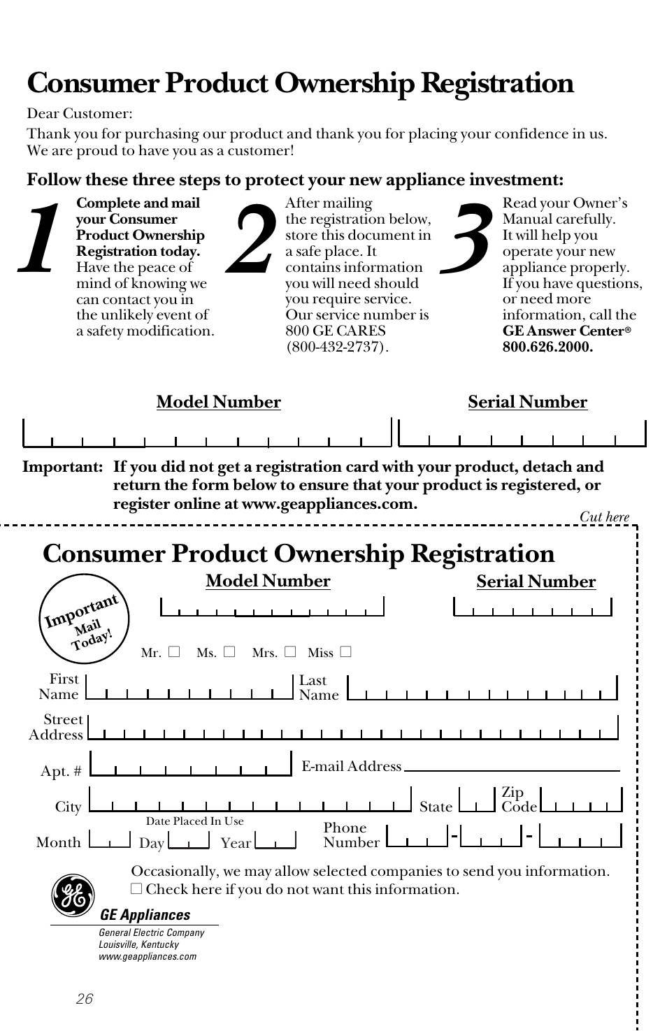 Consumer product ownership registration | GE 165D4700P203 User Manual | Page 26 / 28