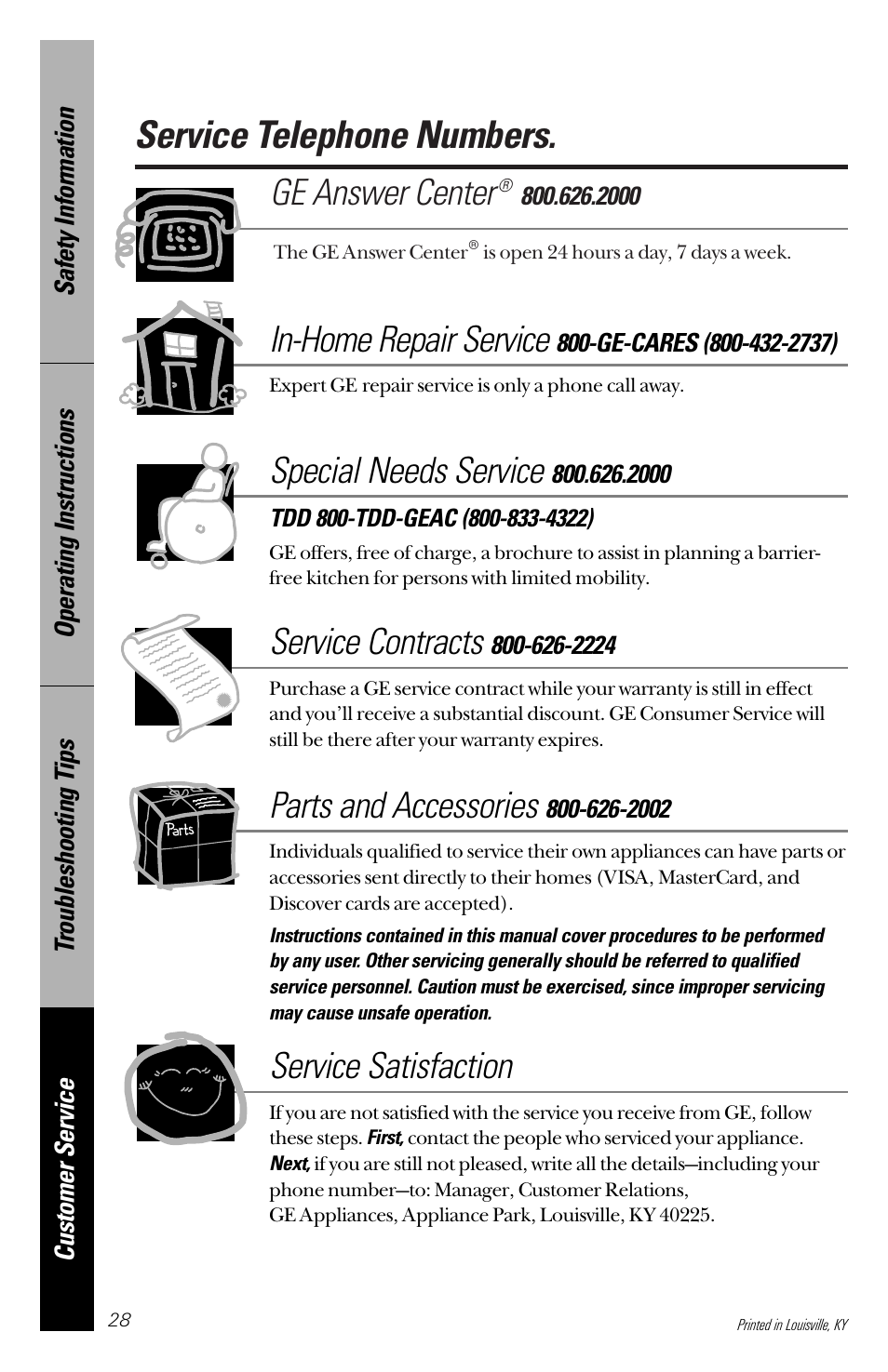 Service telephone numbers, Ge answer center, In-home repair service | Special needs service, Service contracts, Parts and accessories, Service satisfaction | GE 165D4700P203 User Manual | Page 28 / 28