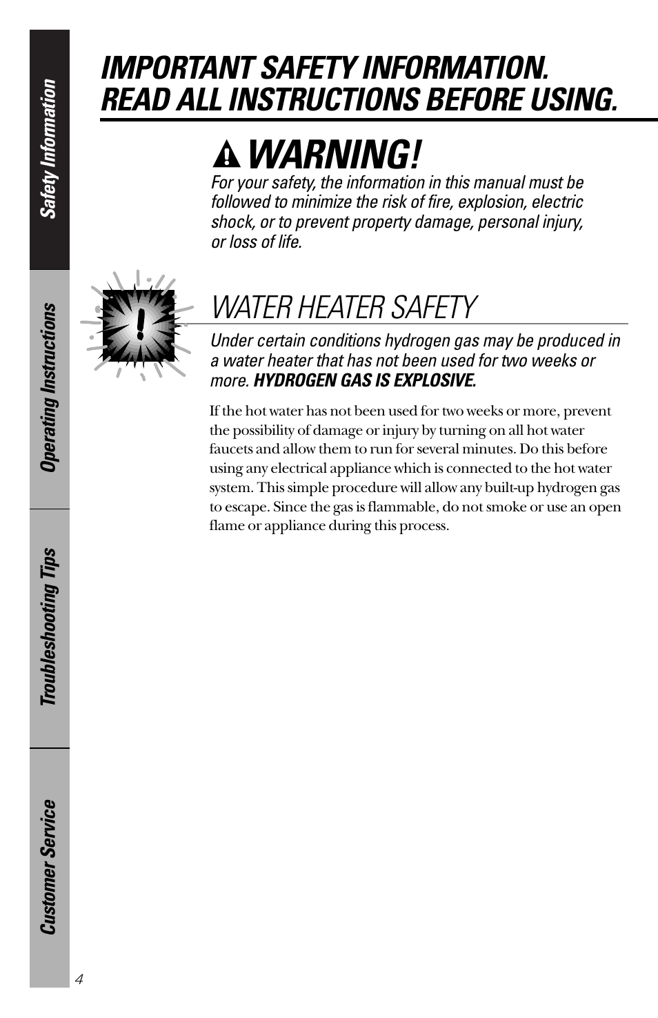 Safety information, Safety information –7, Warning | Water heater safety | GE 165D4700P203 User Manual | Page 4 / 28