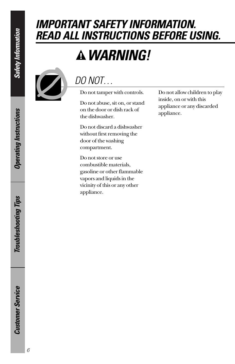 Warning, Do not | GE 165D4700P203 User Manual | Page 6 / 28