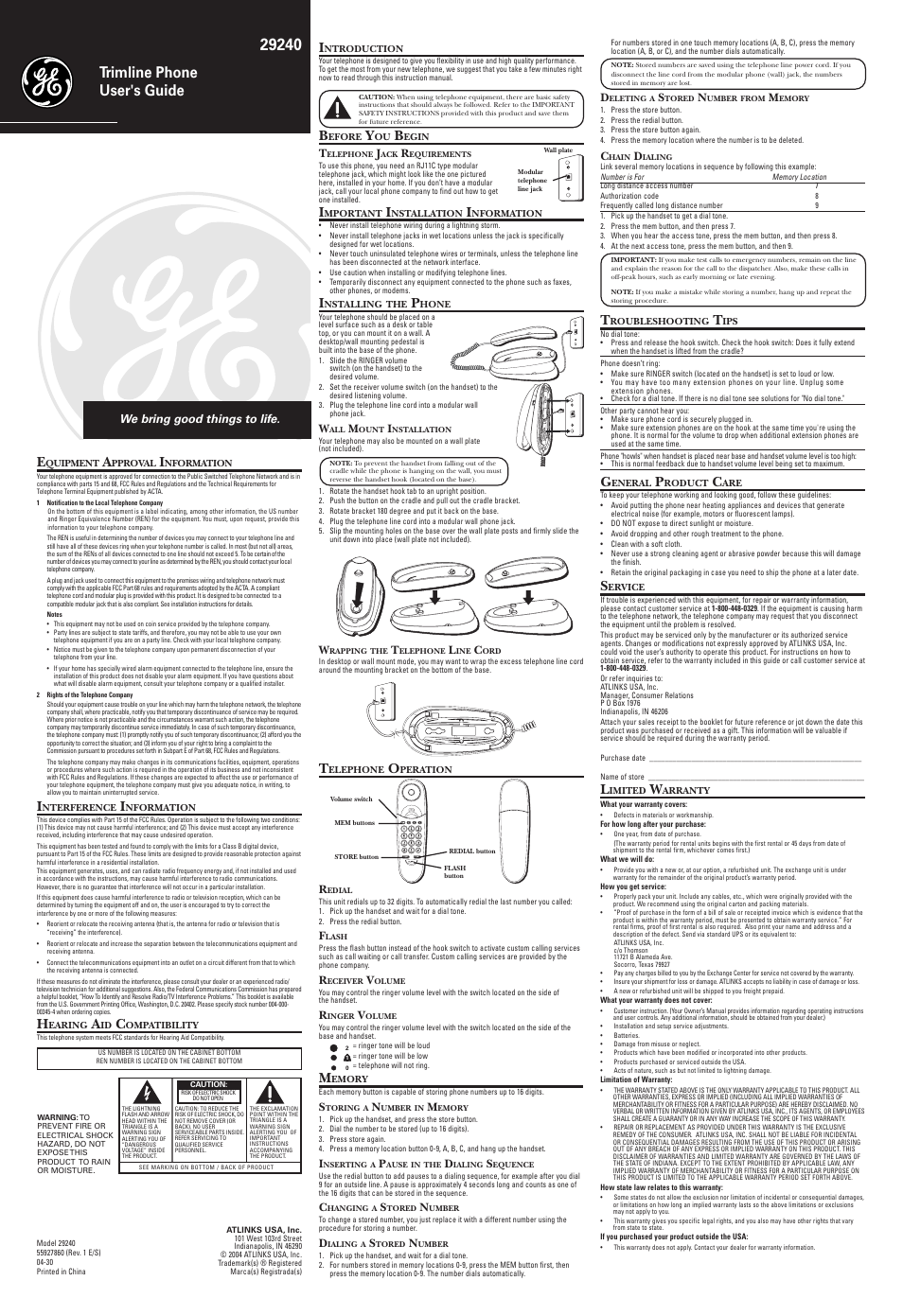 GE 55927860 User Manual | 2 pages