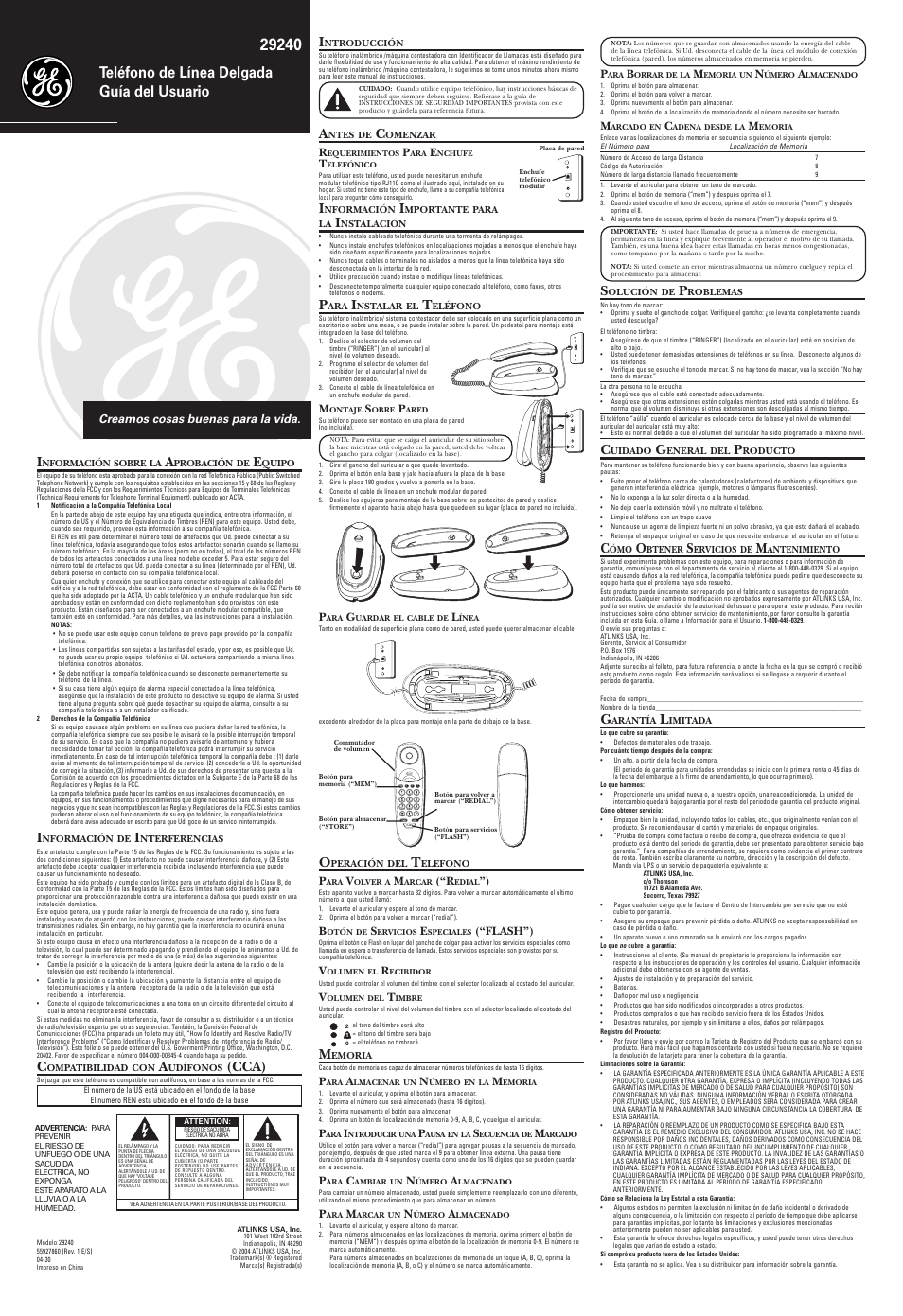 Teléfono de línea delgada guía del usuario, Cca) | GE 55927860 User Manual | Page 2 / 2