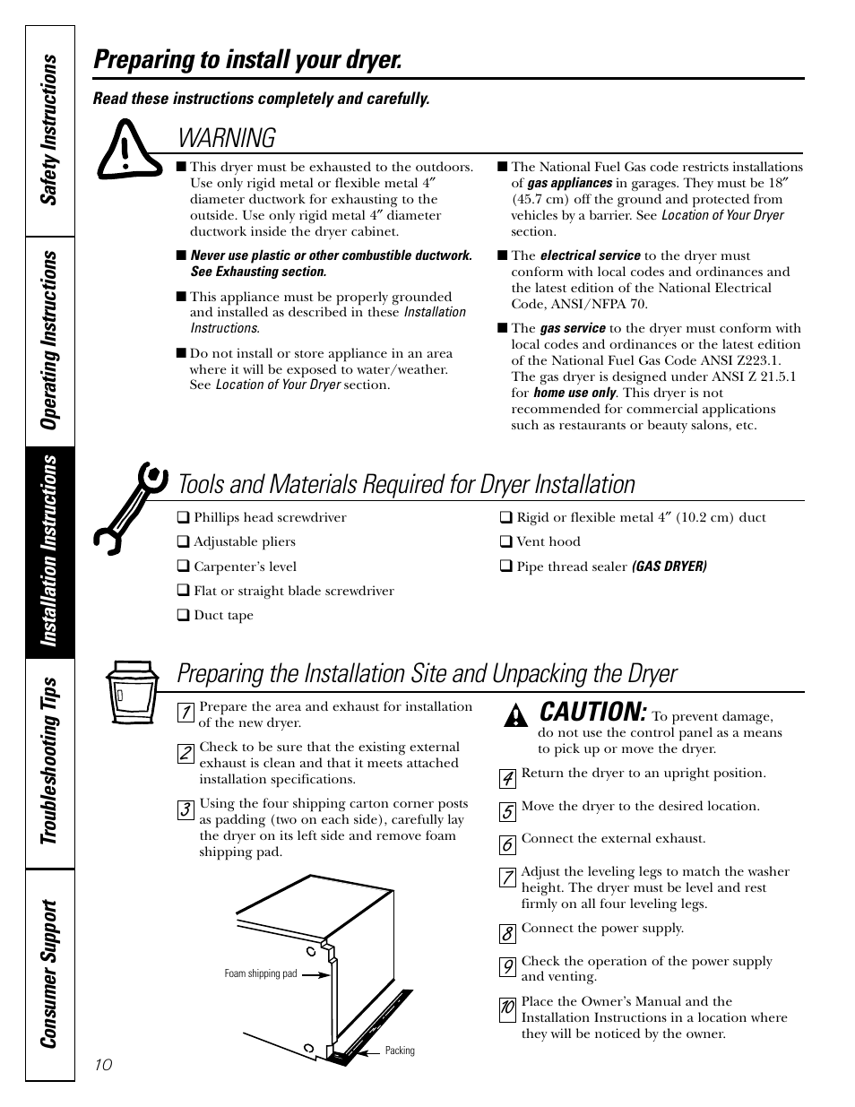 Preparing to install the dryer, Warning, Caution | GE DBL333 User Manual | Page 10 / 24