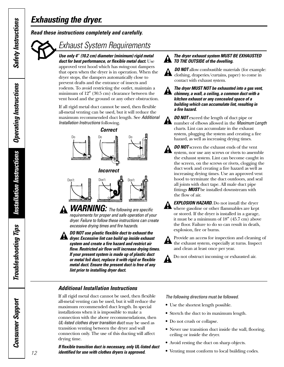 Exhausting the dryer, Warning, Exhaust system requirements exhausting the dryer | GE DBL333 User Manual | Page 12 / 24