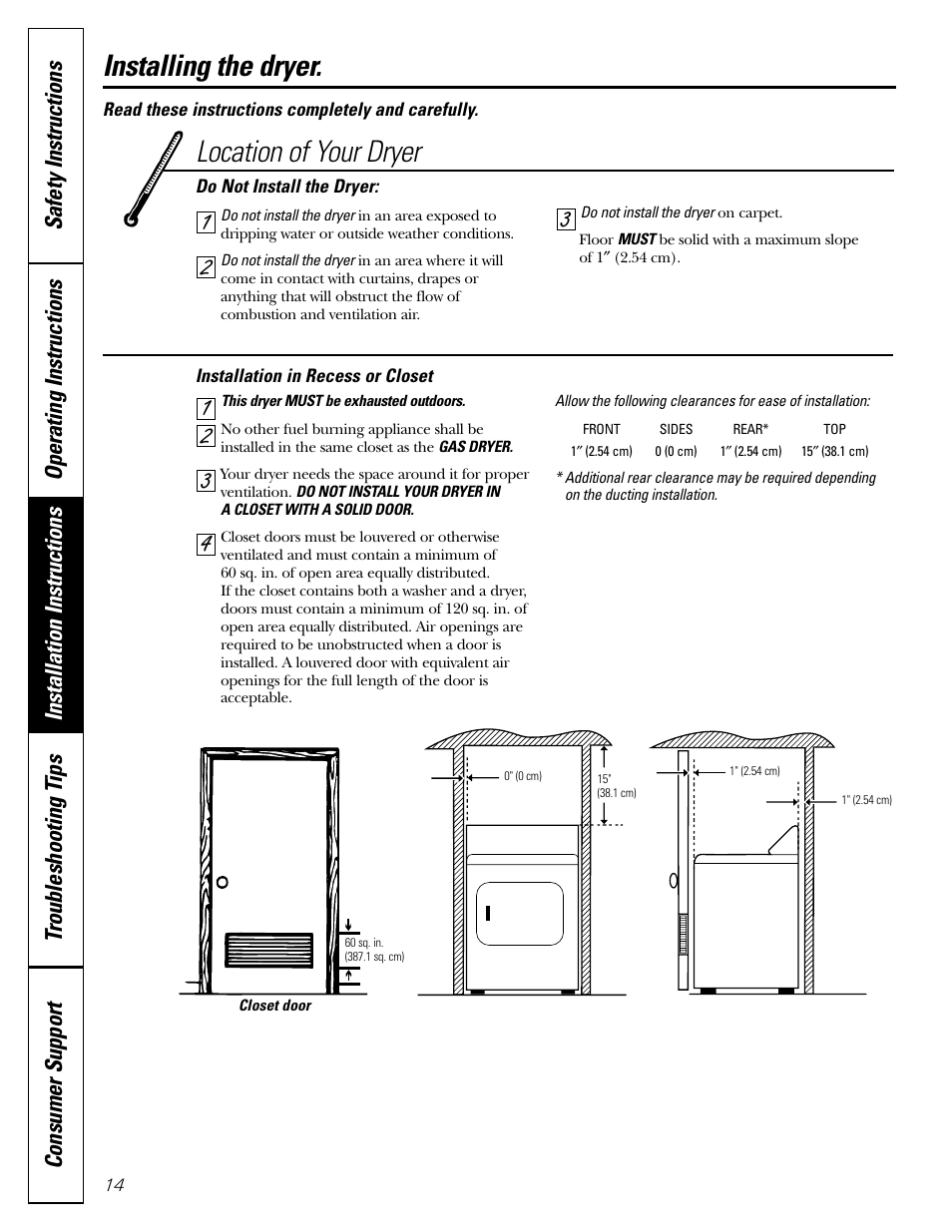 43 2 1 location of your dryer installing the dryer | GE DBL333 User Manual | Page 14 / 24