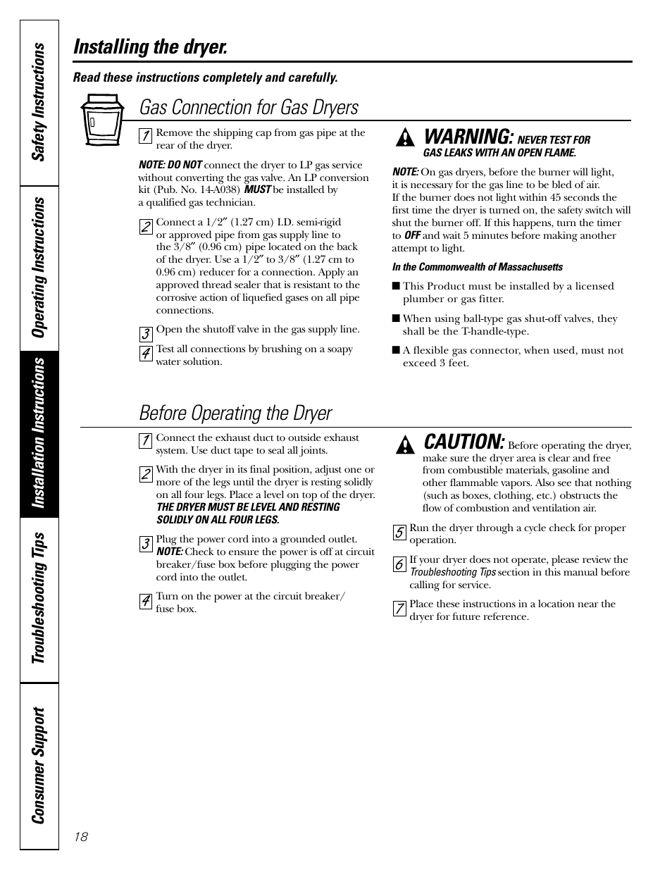 Warning, 43 2 1 before operating the dryer, Caution | Gas connection for gas dryers installing the dryer | GE DBL333 User Manual | Page 18 / 24