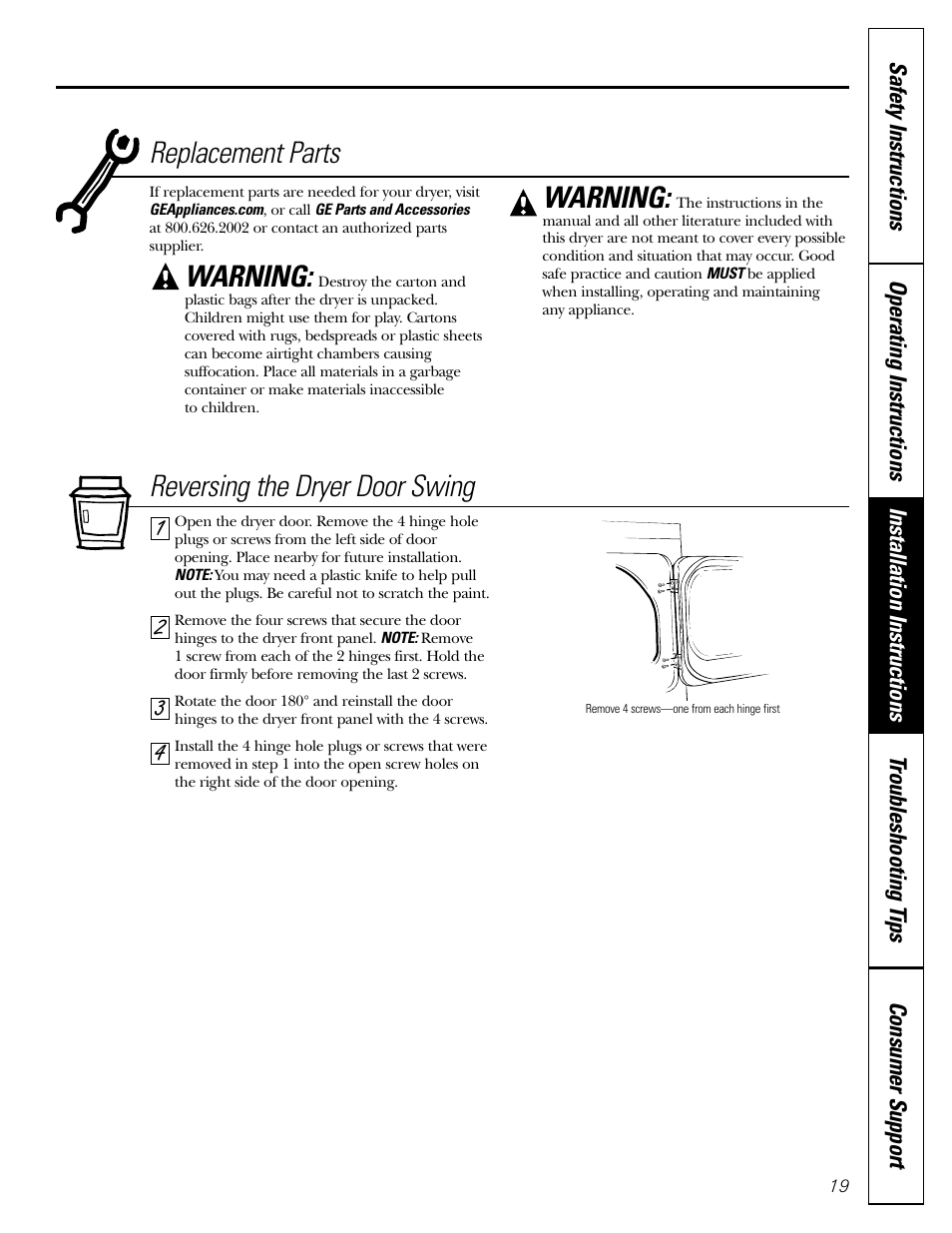 Reversing the dryer door swing, 43 2 1 replacement parts, Warning | GE DBL333 User Manual | Page 19 / 24