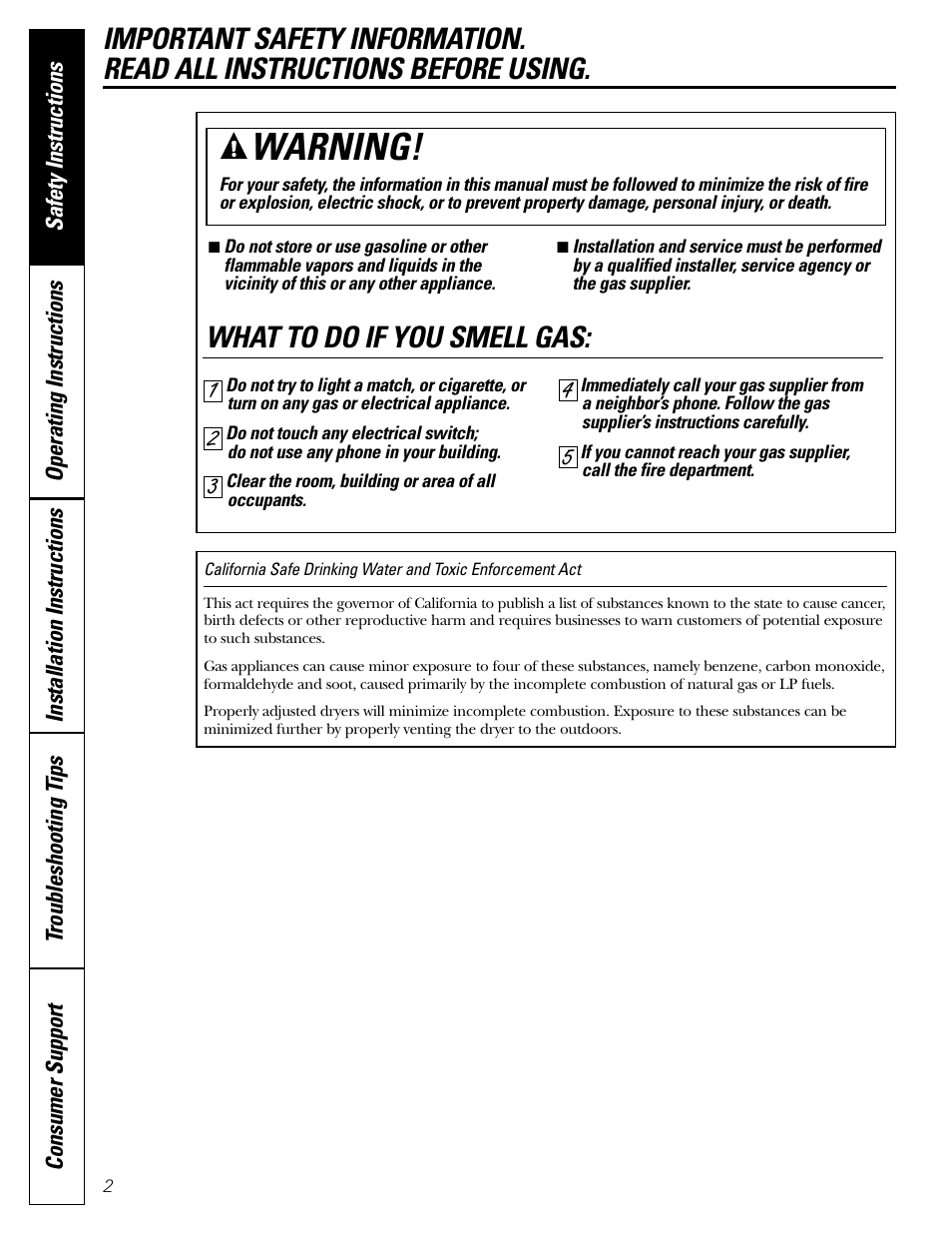 Safety instructions, Warning, What to do if you smell gas | GE DBL333 User Manual | Page 2 / 24