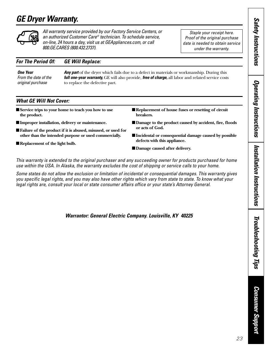 Warranty, Ge dryer warranty | GE DBL333 User Manual | Page 23 / 24