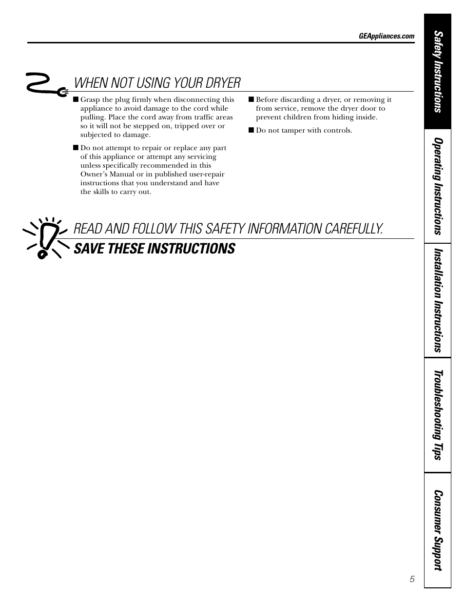 When not using your dryer | GE DBL333 User Manual | Page 5 / 24