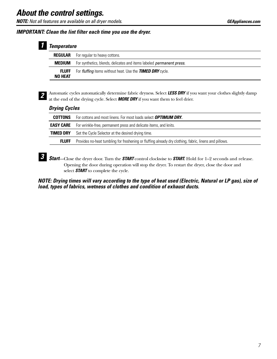 Control settings, About the control settings | GE DBL333 User Manual | Page 7 / 24
