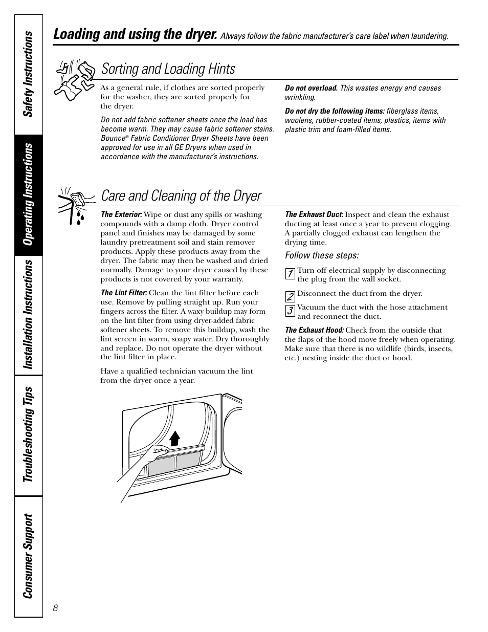 Loading and using the dryer, Loading and using the dryer , 9 | GE DBL333 User Manual | Page 8 / 24