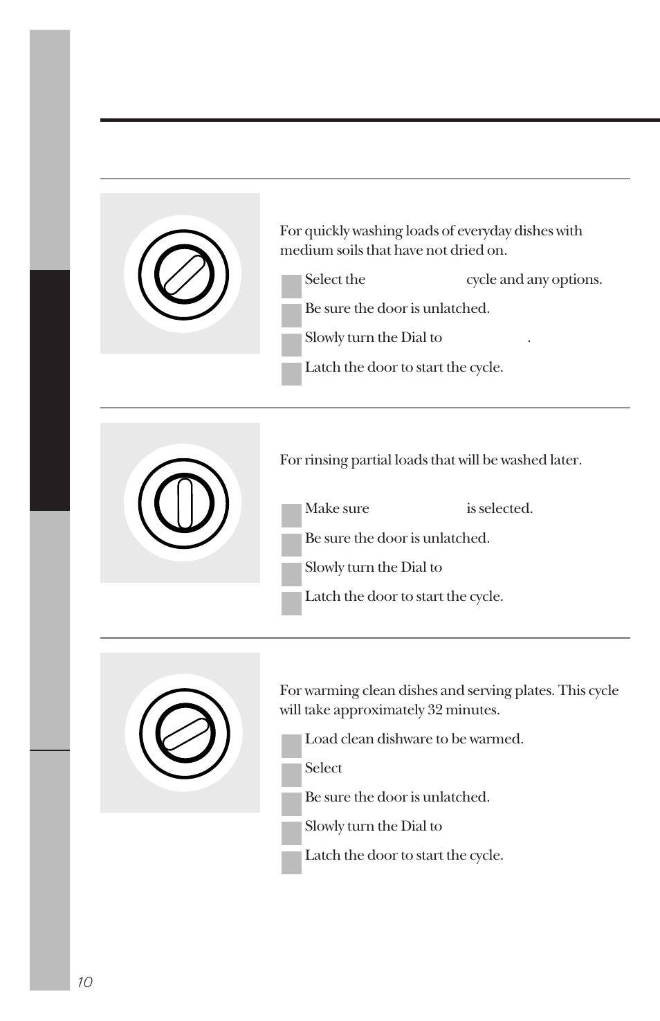 Dial cycles, Dial cycles –11, About the dial cycles | Short wash, Rinse & hold, Plate warmer | GE 165D4700P138 User Manual | Page 10 / 28