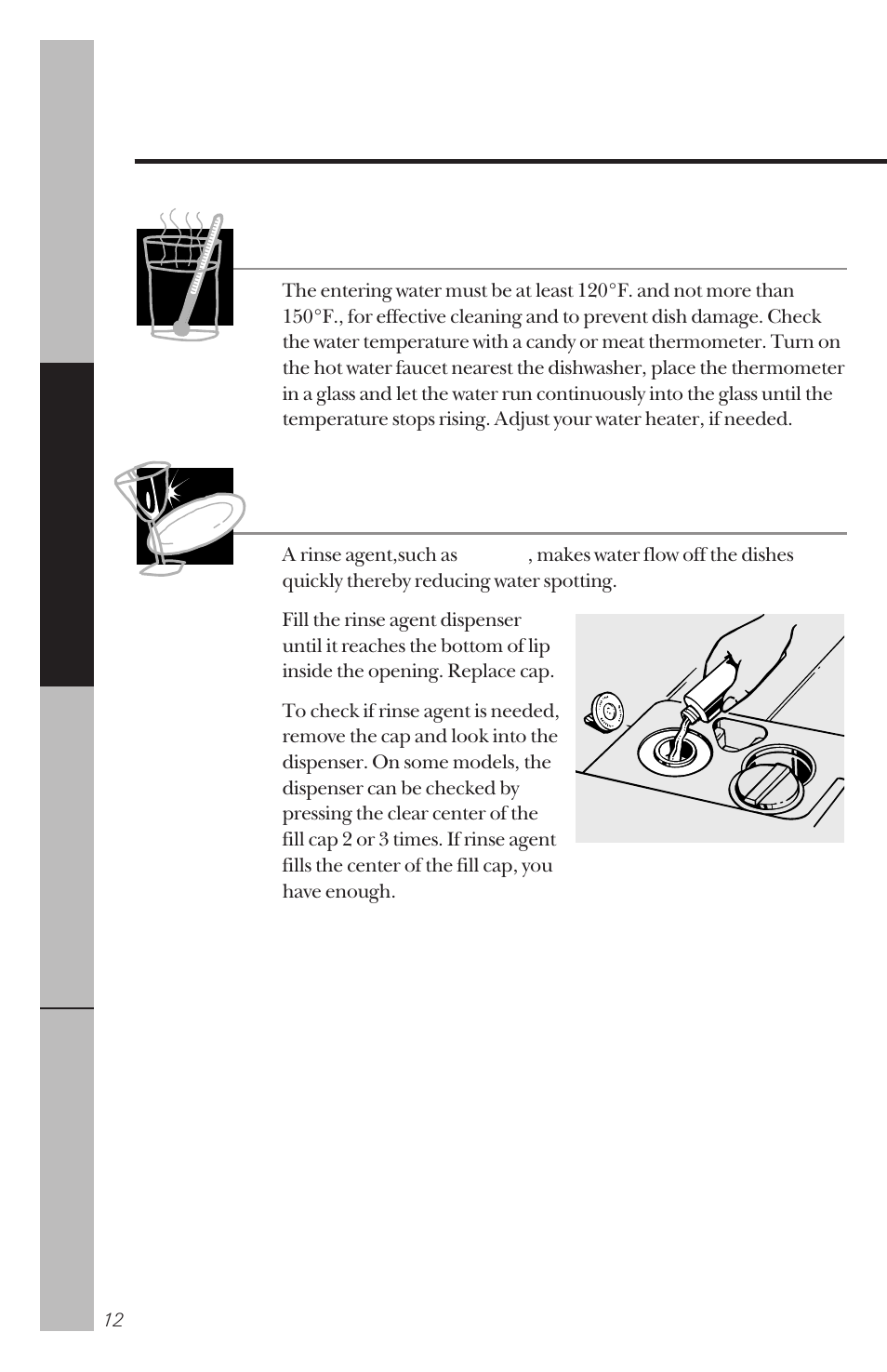 Using the dishwasher, Using the dishwasher , 13, Check the water temperature | Using a rinse agent | GE 165D4700P138 User Manual | Page 12 / 28
