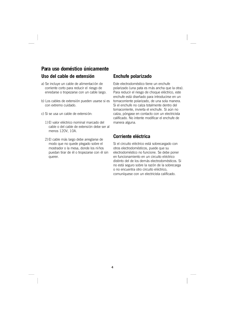 Para uso doméstico únicamente, Uso del cable de extensión enchufe polarizado, Corriente eléctrica | GE 169015 User Manual | Page 12 / 16