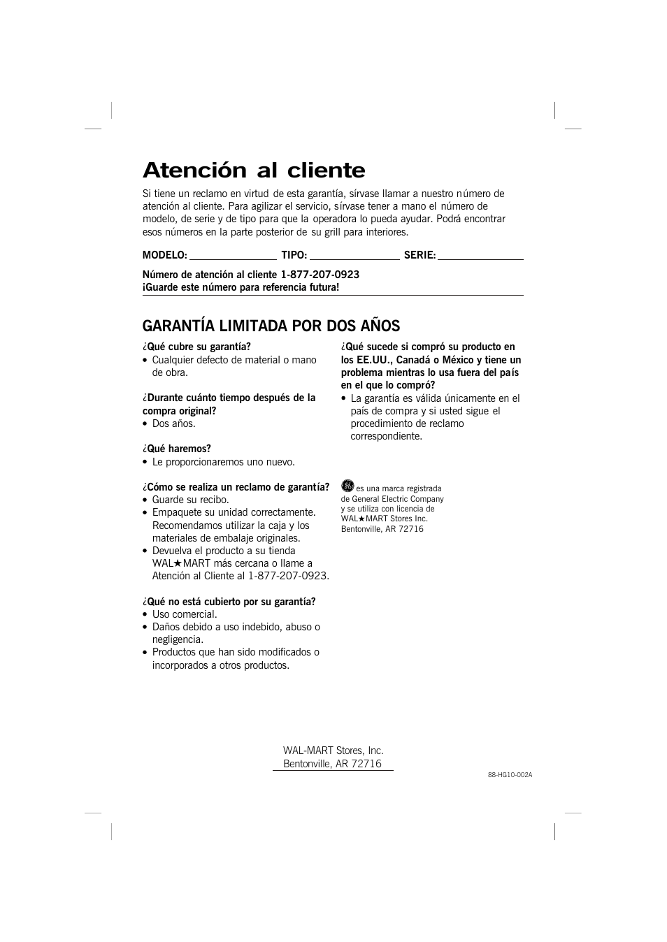 Atención al cliente, Garantía limitada por dos años | GE 169015 User Manual | Page 16 / 16