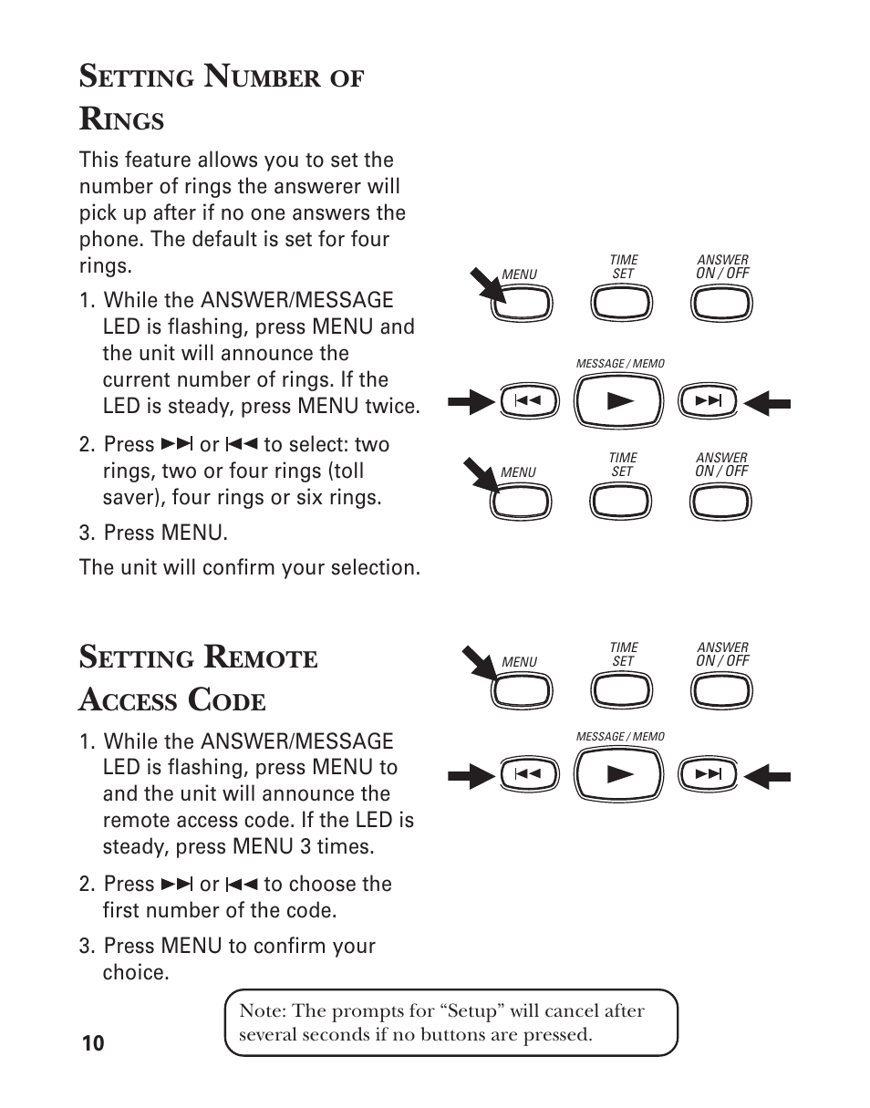 Setting number of rings, Setting remote access code | GE 2-9950 User Manual | Page 10 / 38