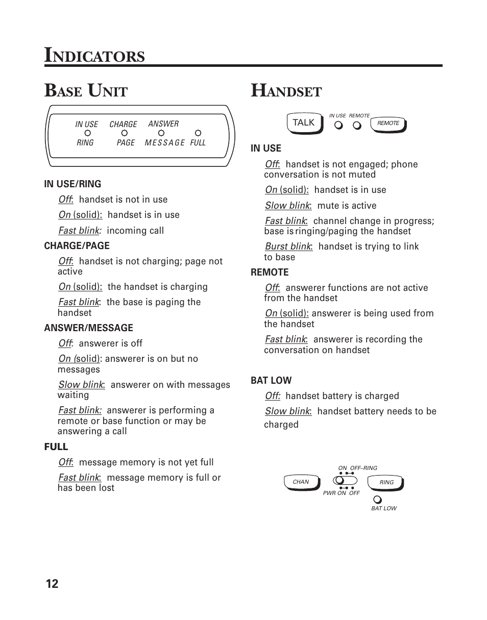 Indicators, Base unit, Handset | Ndicators, Andset | GE 2-9950 User Manual | Page 12 / 38