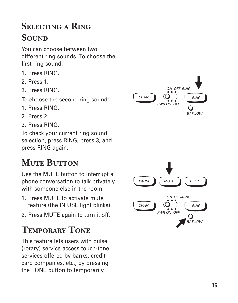 Selecting a ring sound, Mute button, Temporary tone | GE 2-9950 User Manual | Page 15 / 38