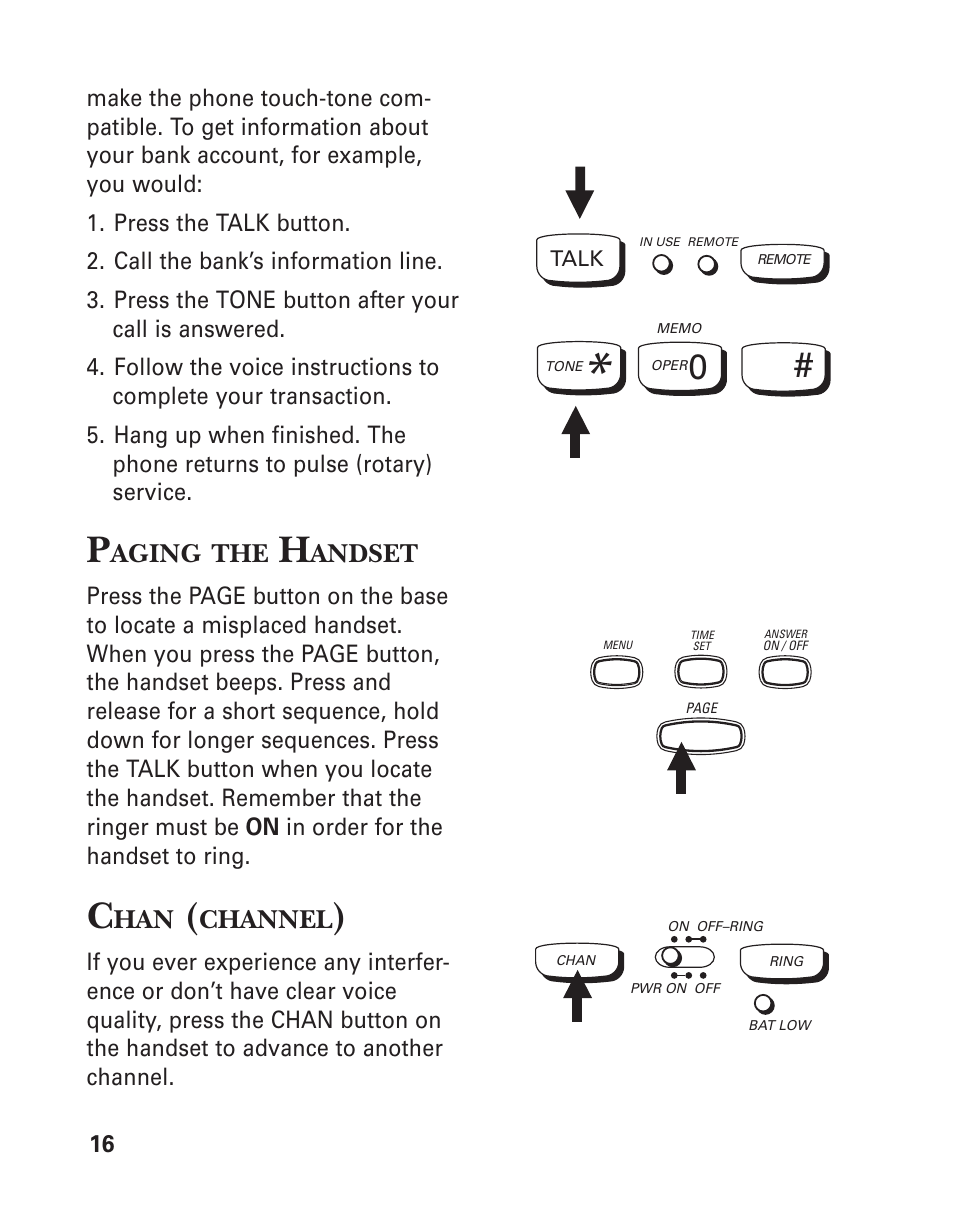 Paging the handset, Chan (channel) | GE 2-9950 User Manual | Page 16 / 38