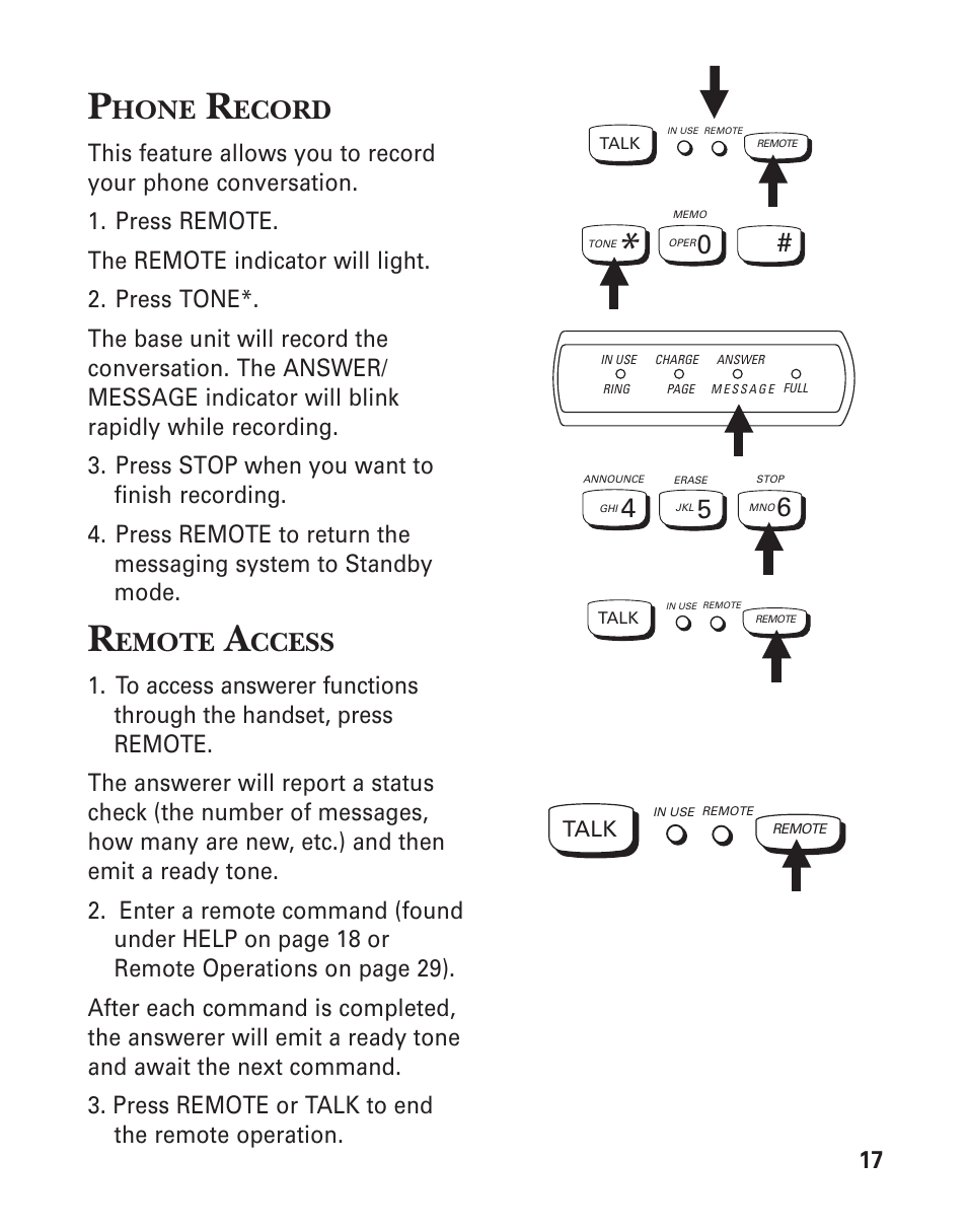 Phone record, Room monitor, Hone | Ecord, Emote, Ccess | GE 2-9950 User Manual | Page 17 / 38