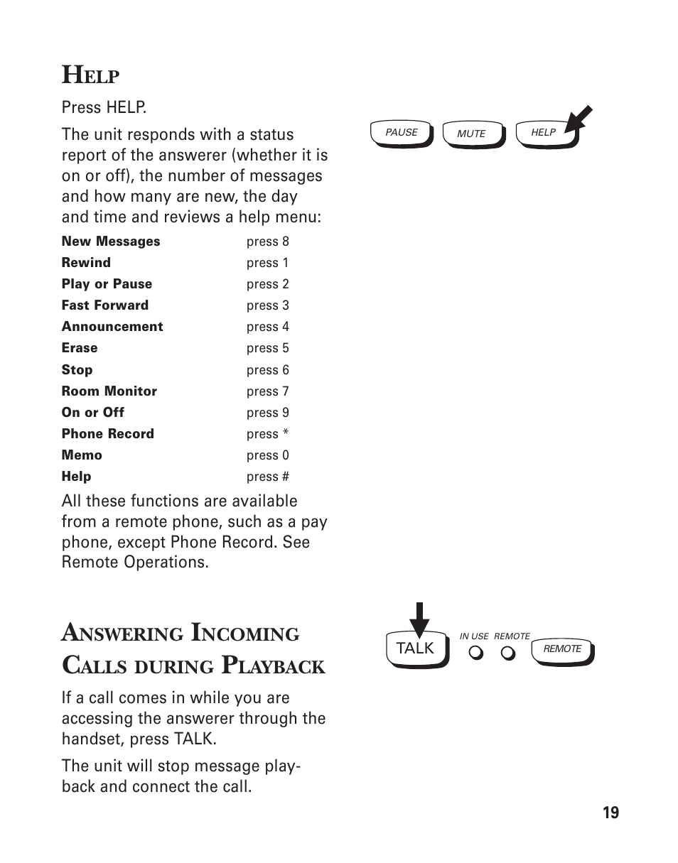 Remote access, Answering incoming calls during playback, Nswering | Ncoming, Alls, During, Layback | GE 2-9950 User Manual | Page 19 / 38