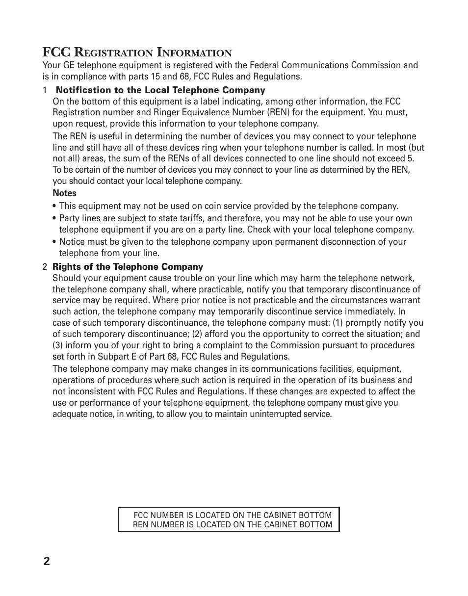 Fcc registration information, Fcc r | GE 2-9950 User Manual | Page 2 / 38