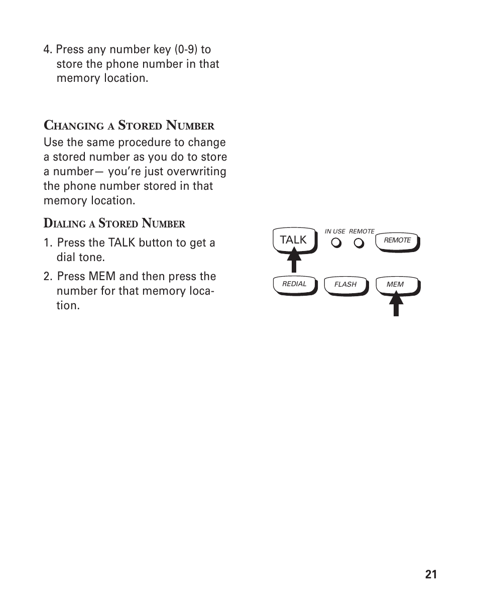 Changing a stored number, Dialing a stored number | GE 2-9950 User Manual | Page 21 / 38