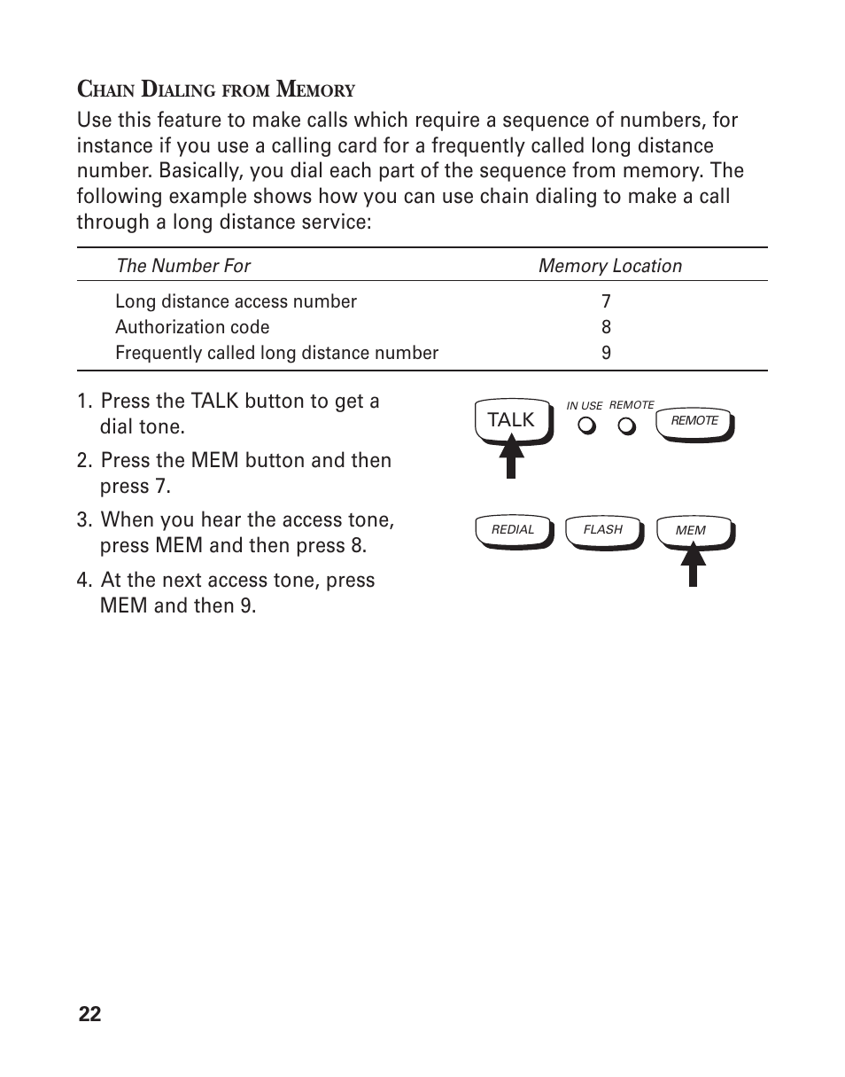 Chain dialing from memory | GE 2-9950 User Manual | Page 22 / 38